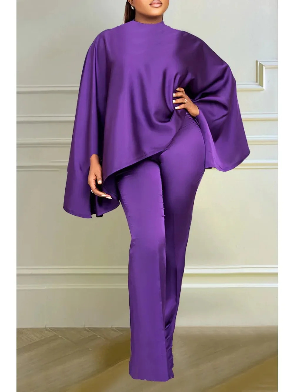 Winter Fashion Satin Two Piece Set African Women Elegant Solid Loose Batwing Sleeves Top Wide Leg Pants 250206