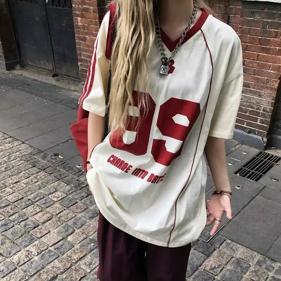 Vintage Loose Sports V-neck T Shirts Striped Letter Printed Oversized T-shirt Women Streetwear Hip Hop Loose Casual Y2k Top 250206