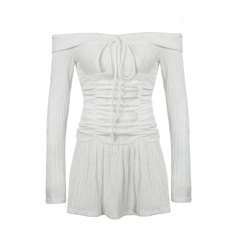 HEYounGIRL Texture Knitted Folds Off Shoulder Mini Dres Korean Style White Elegant Short Dresses Sweet Y2K Streetwear 250206