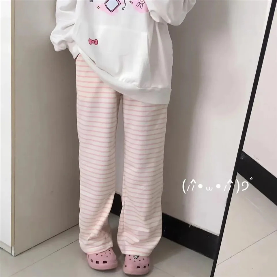 Cute Y2K Striped Pants Women Kawaii Sweet Harajuku Fleece Sports Korean Fashion Sweatpants Girly Basic Cartoon Japanese Trousers 250206