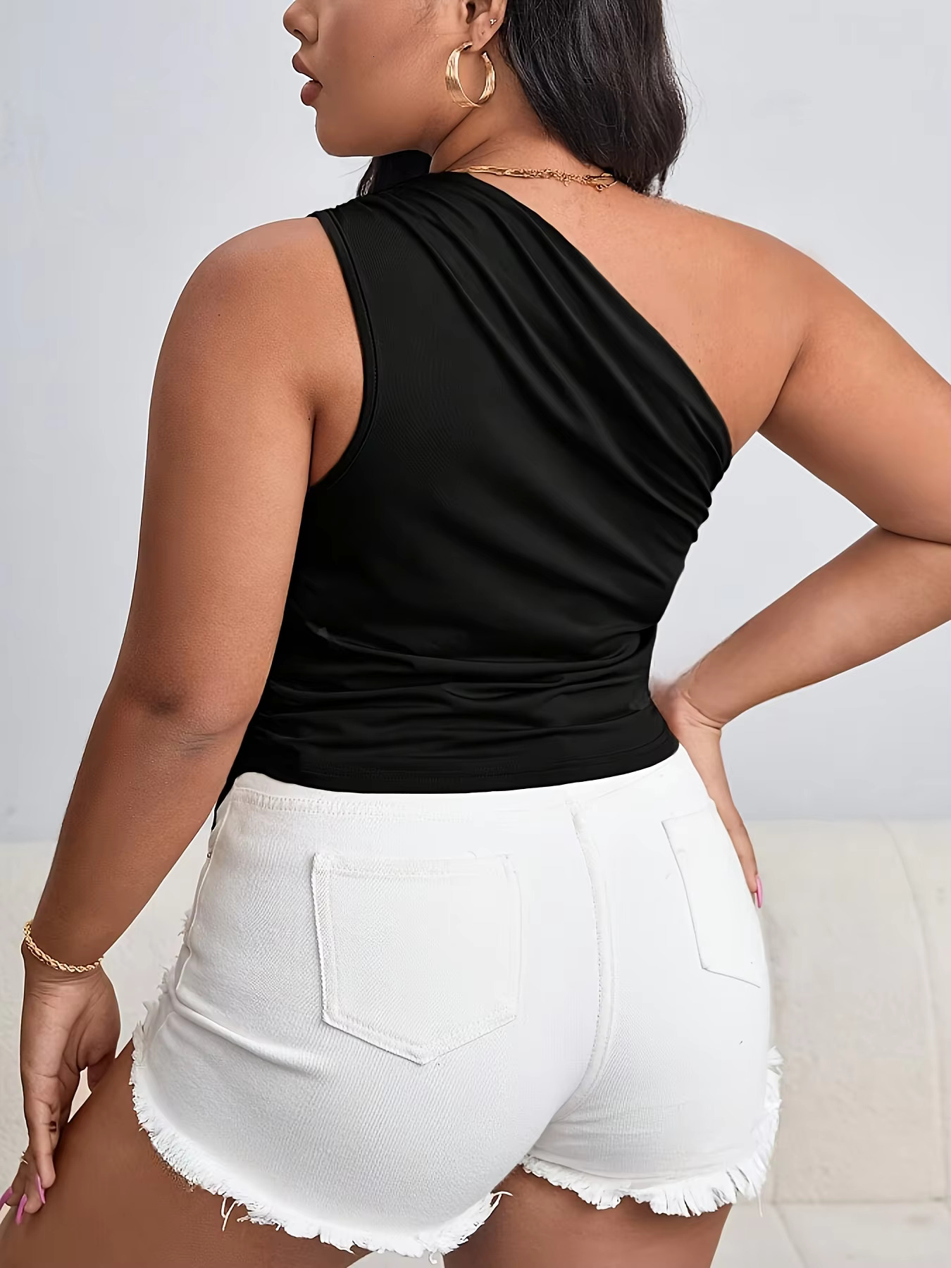 Plus Size Summer Sexy One Off The Shoulder Women's Tank Tops Elegant Asymmetrical Hem Top Solid Y2k Streetwear