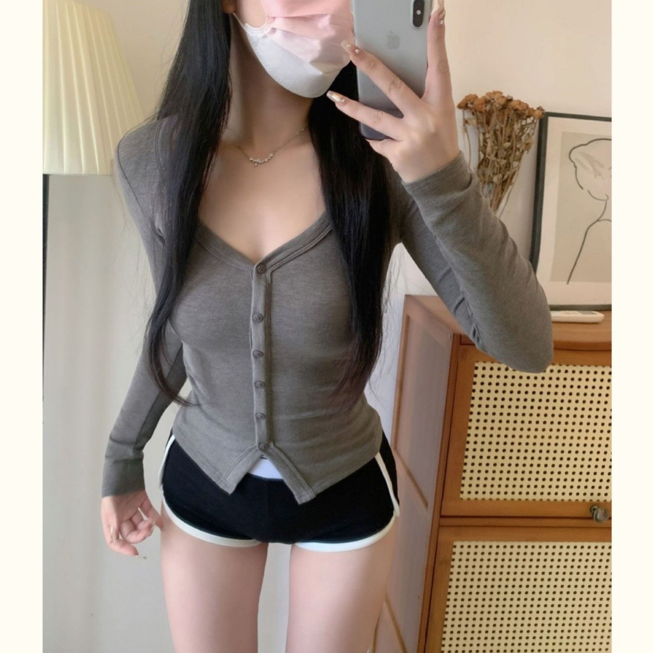 B1227 Hot Girl Sexy Slim Fit European and American Style V-Neck Button Long Sleeve Cardigan T-Shirt Top