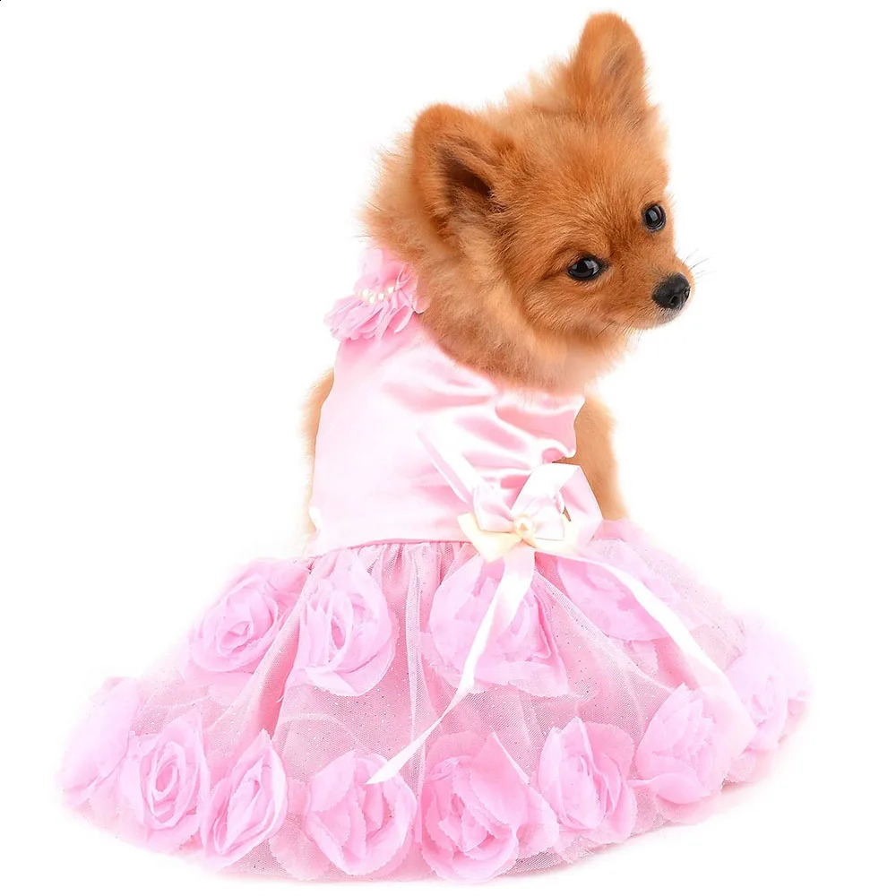 Pet Small Dog Wedding Dress with Bowknot Birthday Party Costume Satin Rose Pearls Girl Formal Dress for Puppy Dog Cat Tutu Dress 250206
