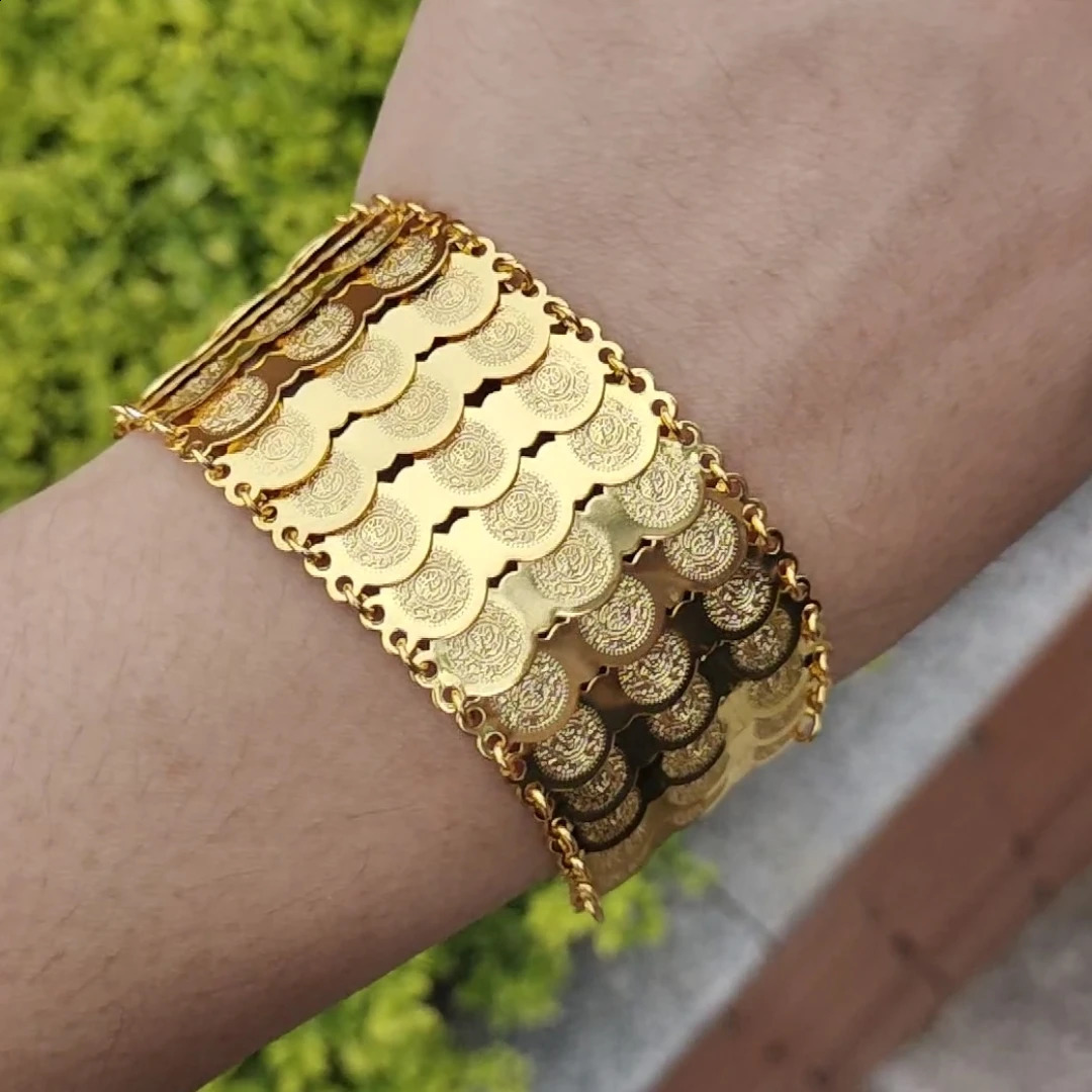 Gold Color Coins Bangles Bracelets For Women Men Money Coin Bracelet Islamic Muslim Arab Middle Eastern Jewelry African Gifts 250206