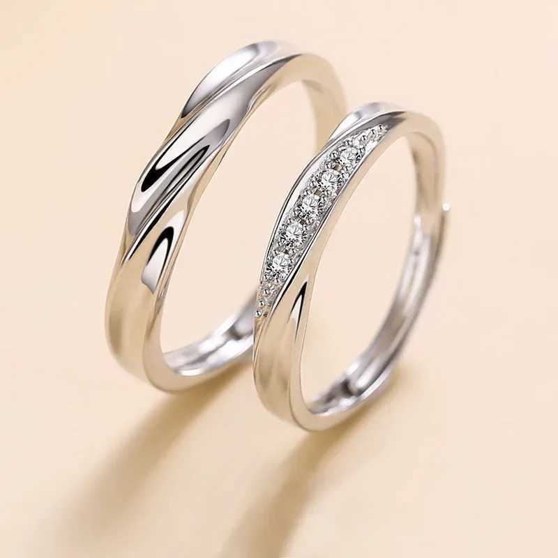 Korean Luxury Zircon Couple Ring For Women Men Silver Plated Love Forever Heart Adjustable Open Ring Wedding Anniversary Jewelry W250207