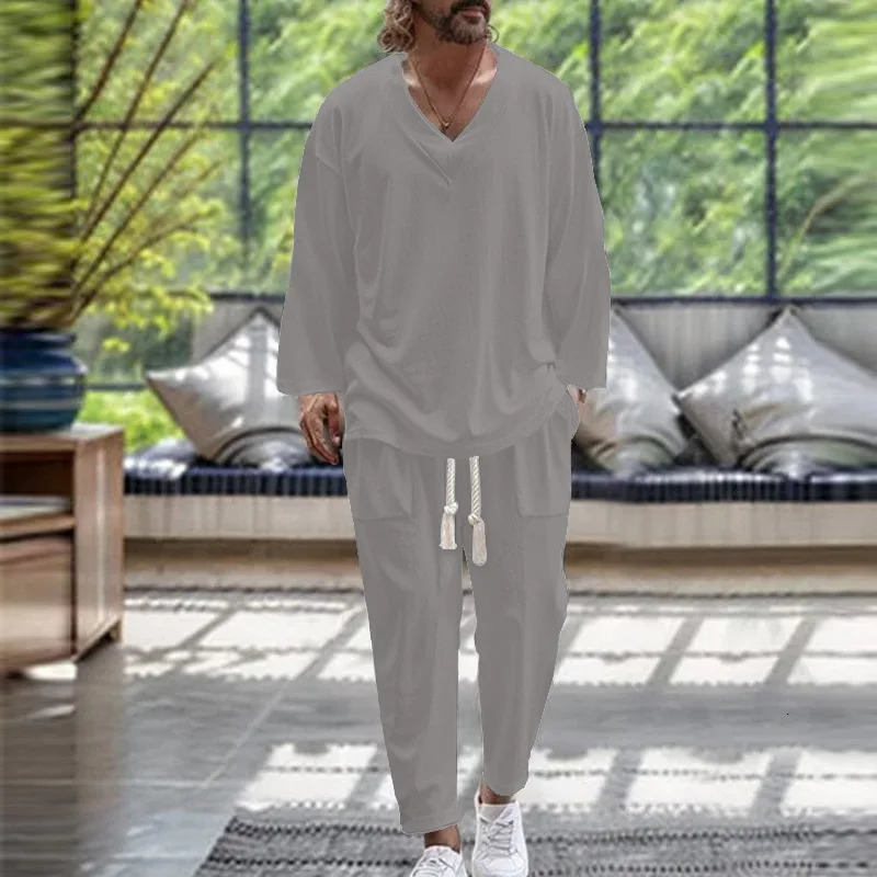 2024 SpringAutumn Trend Mens Fashion Vneck Shirt Casual Comfortable Loose Long Sleeve Pants Solid Color Beach Set 250207