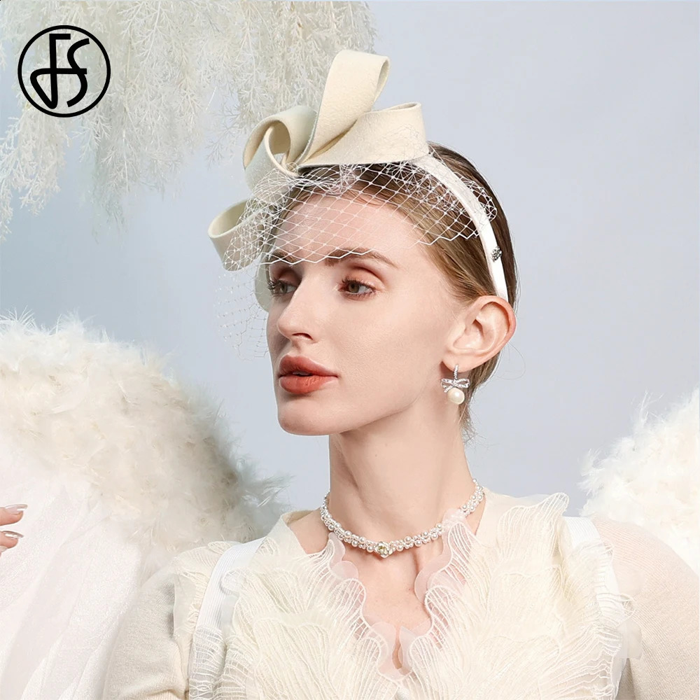 Wool Felt Fascinators White Wedding Hats For Women With Veil Bowknot Cocktail Tea Party Hat Lady Elegant Church Dress Derby Cap 250207