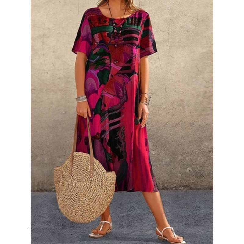 European and American printed dress summer short sleeved loose round neck wide skirt 2024 new casual fashion trend clothing