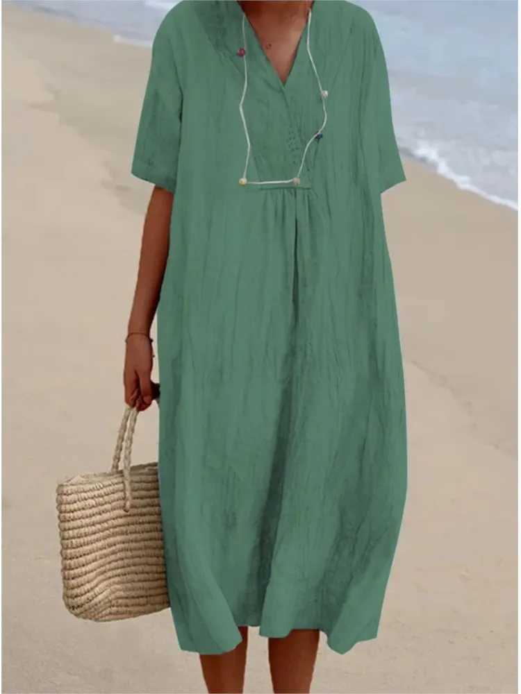 Summer Solid Color Cotton And Linen Dress Women Fashion Short Sve V Neck Loose Midi Dress Casual Holiday Beach Dresses FeXJ2500207