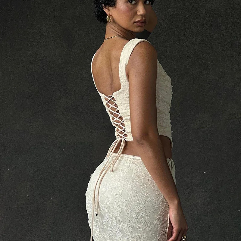 Gtpdpllt Elegant Lace Two Piece Set Women Irregular Long Skirt And Corset Top French Style Bodycon Dress Matching Sets 250206