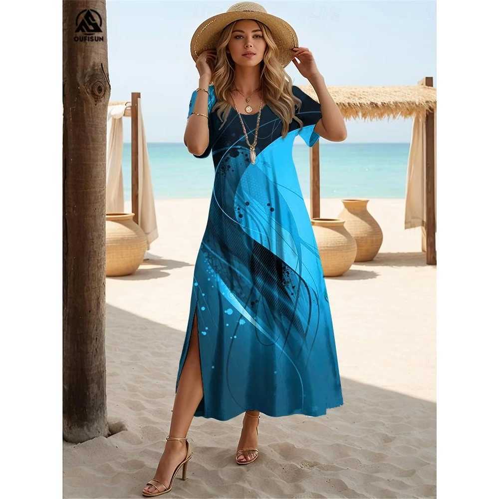 Summer Stres Print Clothing Ele Womens Slit Dress V-Neck Short Sves Long Dresses Loose Pullover Hot Selling StreetwearXJ2500207