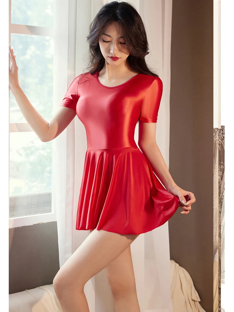 Sexy OIL Glossy Shiny Elastic Pleated Micro MINI Dress Satin Smooth Tights Ruffled Uniform Maid Stage Wear Candy Color 250206