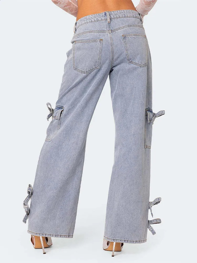 Chic Bow Light Blue Wide Leg Long Jean Pants Women Casual Versatile Jeans With Side Pockets Sweet Lady Denim Trousers 250206
