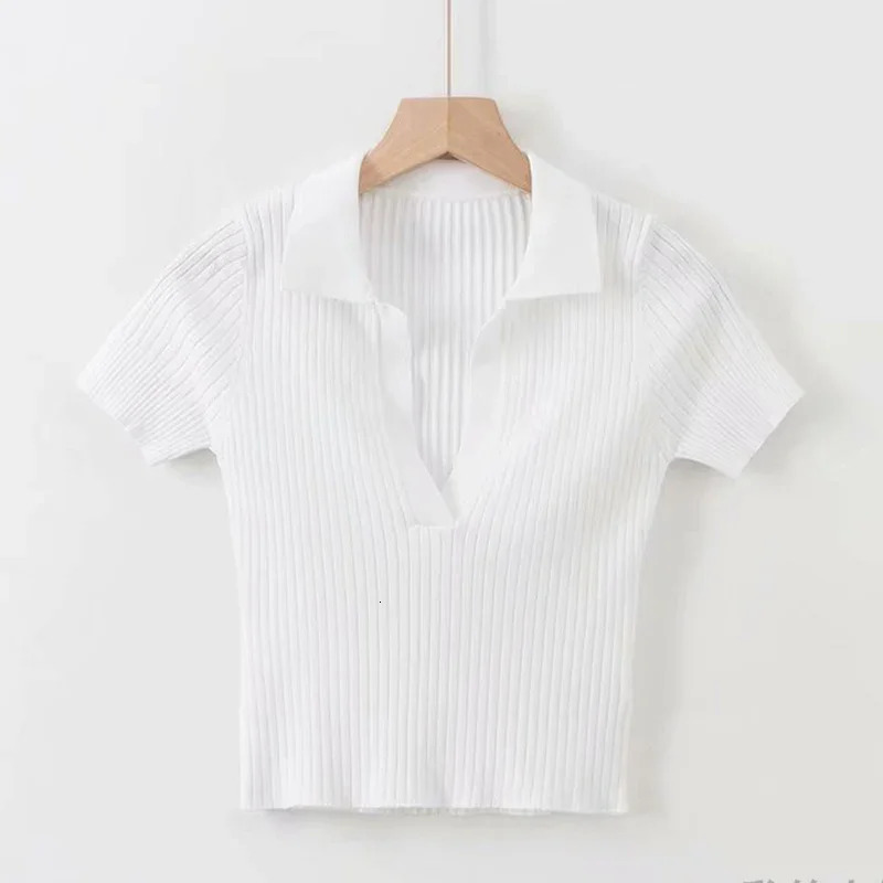 Short Sleeve Collared Crop Top for Women Turn-down Collared Fitted Rib-Knit Tee Shirt Summer Teen Y2K Outfit 250207