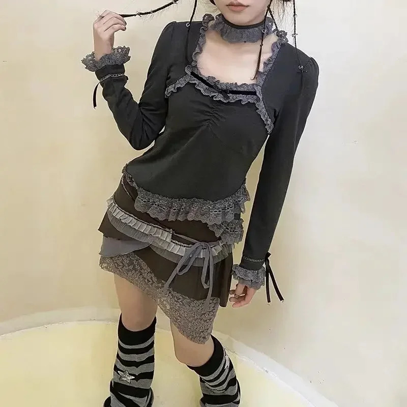 Autumn Long Sleeve Square Collar Patchwork Lace tie Tunic Tees Irregular Vintage T-shirt Y2k Tops for Women Ropa Mujer 250206