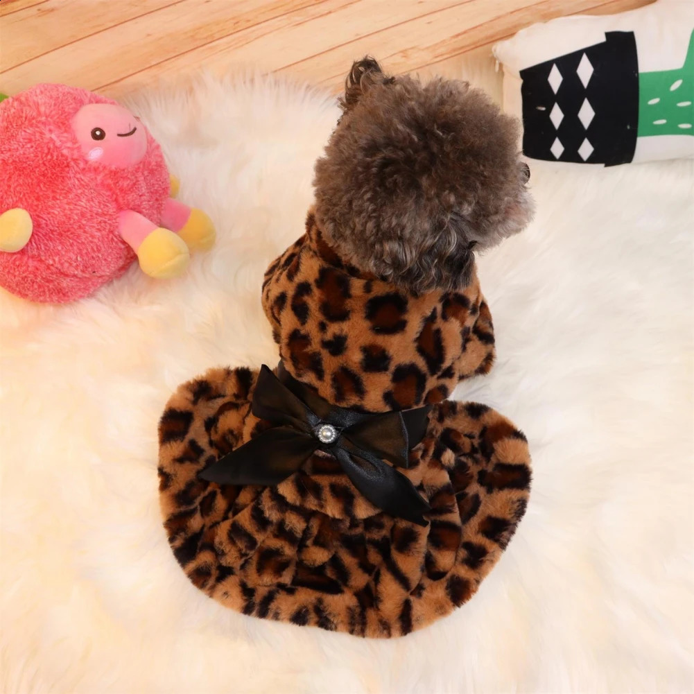 Winter Pet Clothes Elegant Fur Dress Warm Overcoat Small Dog Cat Clothes Bowknot Leopard Chihuahua Princess Party Dress 250206
