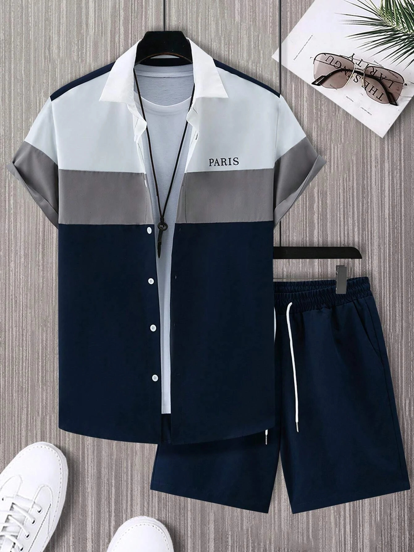 Mens Fashion Set Blue and White Patched Work Color Single breasted Short Sleeve Collar Shirt y2k Two Piece 250207
