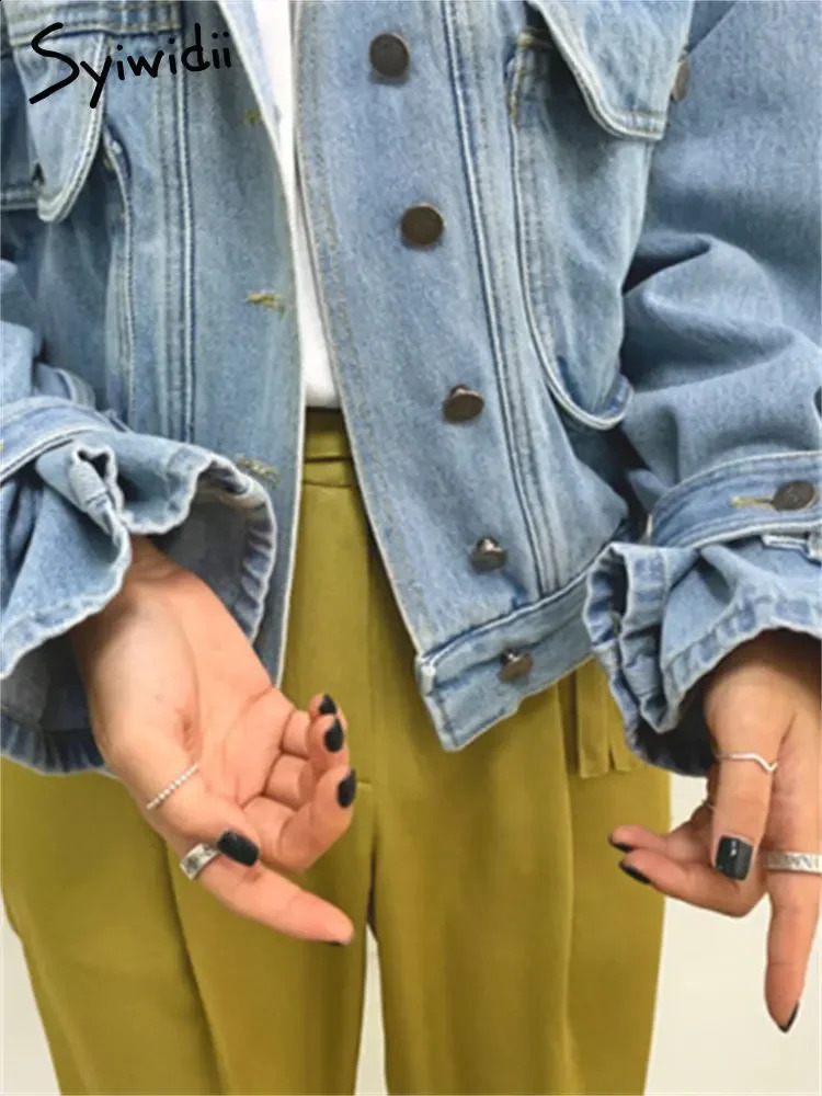 Syiwidii Denim Jacket for Women Loose Single Breasted Turn Down Collar Puff Sleeve Jean Jacket Vintage Korean Fashion Crop Coat 250121