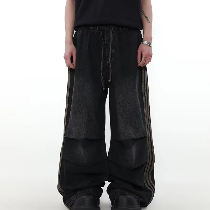 Ropa Y2K Fashion Elastic Waist Striped Pleated Baggy Jeans Pants For Men Clothes Washed Black Wide Leg Women Long Trousers 250113