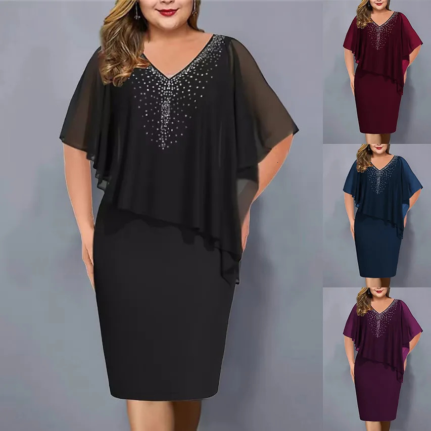 2024 Elegant Summer Party Dress Rhinestone Decor Daily Wear Bodycon Plus Size Chiffon Lady Banquet Dress 250207
