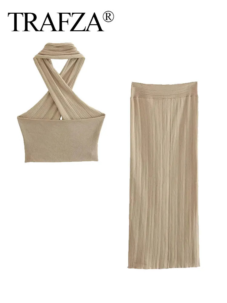 TRAFZA Retro Slit Knotted Knit Skirt Womens Slim Skirt Set Fashion Metallic Color Cross Womens Short Vest Top 2-Piece Set 250206