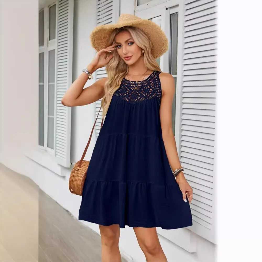 Fashion Sexy Hollow Lace Patchwork Halter Neck Women A Line Dress Summer Casual Solid Color Loose Beach Holiday Fe SundressXJ2500207