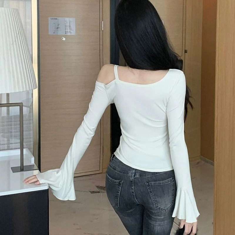Spring Autumn Cotton Flare Sleeve T Shirts Women Solid Bodycone Basic Long Sleeve Crop Tops Casual Shirring Off-shoulder Tees 250207