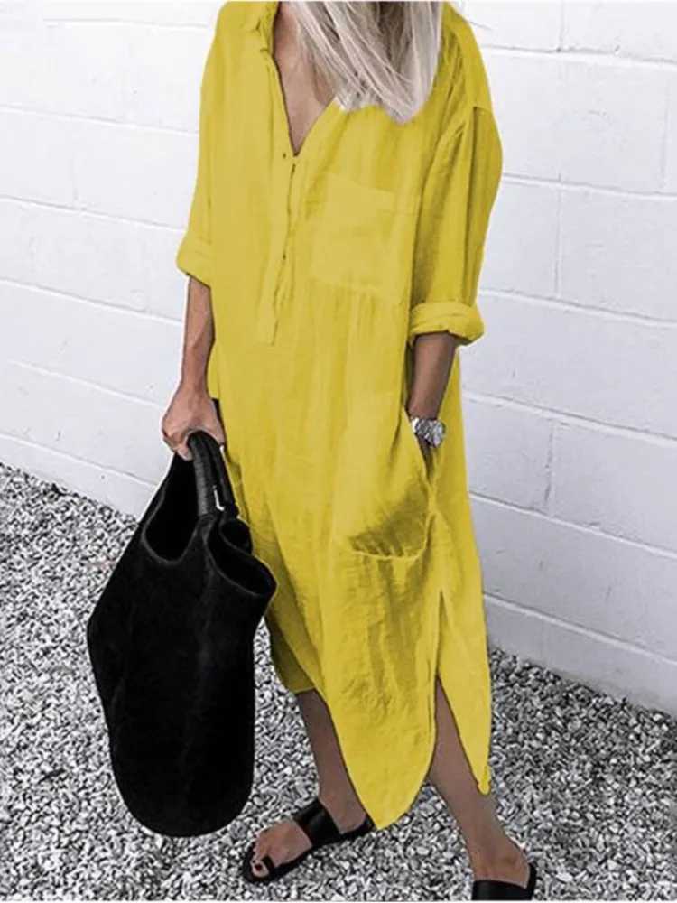 Spring Summer Womens Solid Color Loose Split Shirt Midi Dress Ele Casual Button Pocket V-Neck Long Sve Long Dress 2024XJ2500207