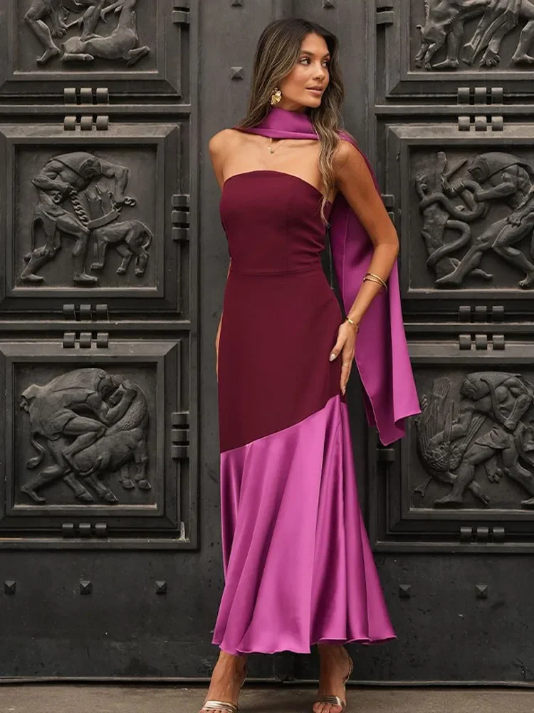 Elegant strapless patchwork work hem womens dress sleeveless shoulder color vest summer retro 250206