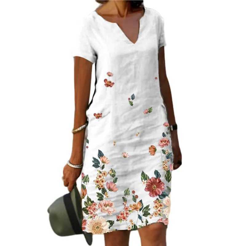 Casual Loose Print Vintage Summer Women Printed Cotton Short Sved V-neck Sexy Midi Dresses Ele Vestido Feminino S-5xlXJ2500207