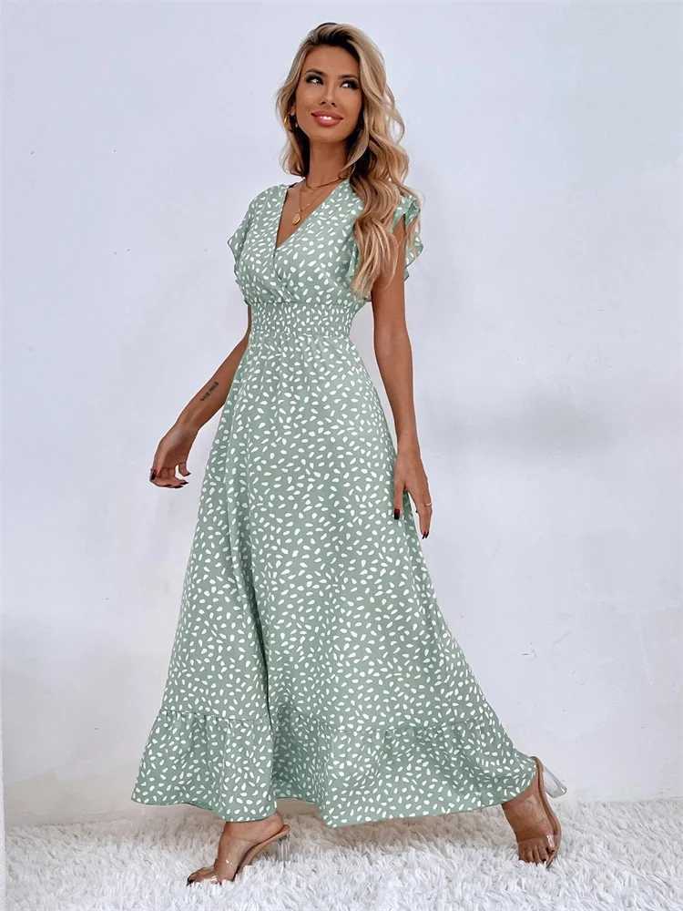 Msfilia V-neck Lotus Le Edge Ele Dress Women Spring Summer Printed Long DressXJ2500207