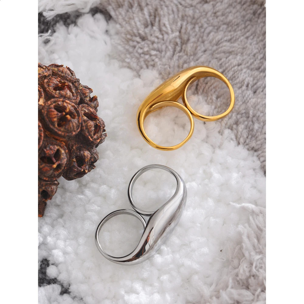 Yhpup 2024 Stainless Steel Metal Double Finger Geometric Ring Personality Rust Proof Attractive Big Exaggerated Jewelry Gift 250206