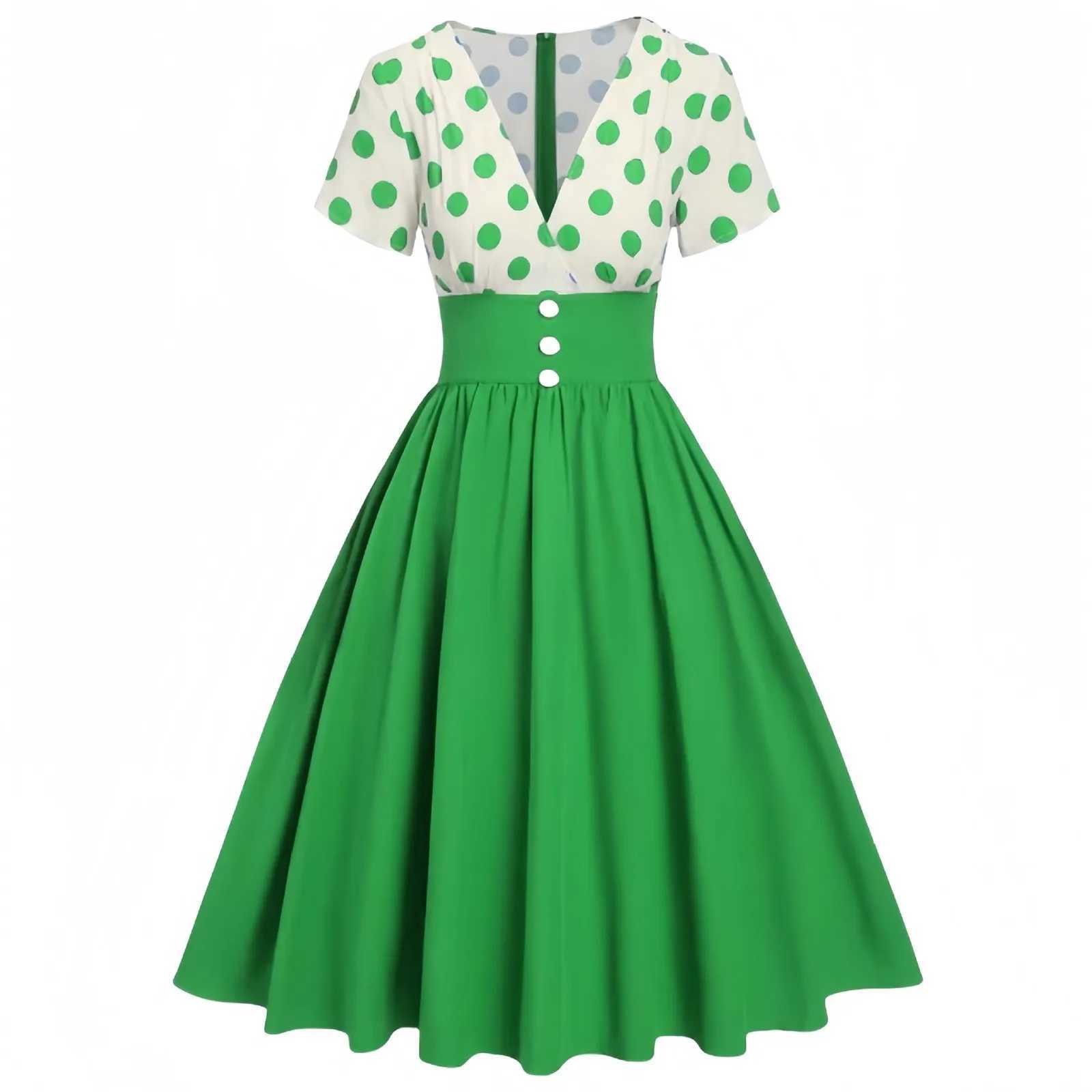 2024 50s Casual Vintage Women Dress Ladies Yellow Black Polka Dot Print Robe Rockabilly Swing Party Dress Patchwork VestidosXJ2500207