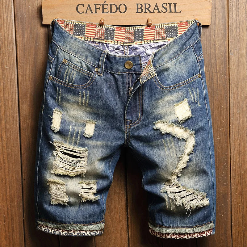 Summer Ripped Denim Shorts Mens Quarter Pants Loose Large Size Medium Fashion Personality Beggar Breeches 250206