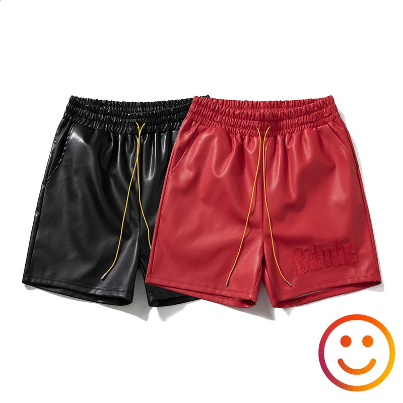 Leather Black Red Green Borad Shorts Pockets 2024 Summer Men Women High Quality Yellow Drawstring Beach Shortpant Breeches 250206