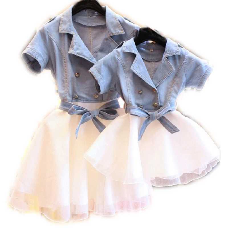 Mother Daughter Dresses Summer Short Sleeved Family Matching Clothes Mom Daughter Dress Family denim Clothing 3-7T Kids clothes W250207