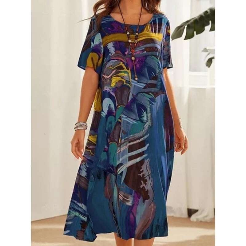 European and American printed dress summer short sleeved loose round neck wide skirt 2024 new casual fashion trend clothing