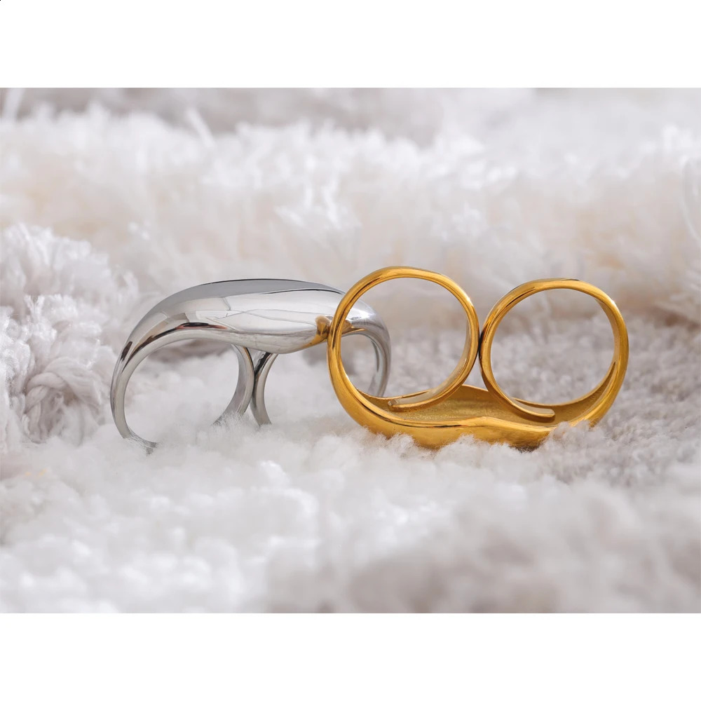 Yhpup 2024 Stainless Steel Metal Double Finger Geometric Ring Personality Rust Proof Attractive Big Exaggerated Jewelry Gift 250206