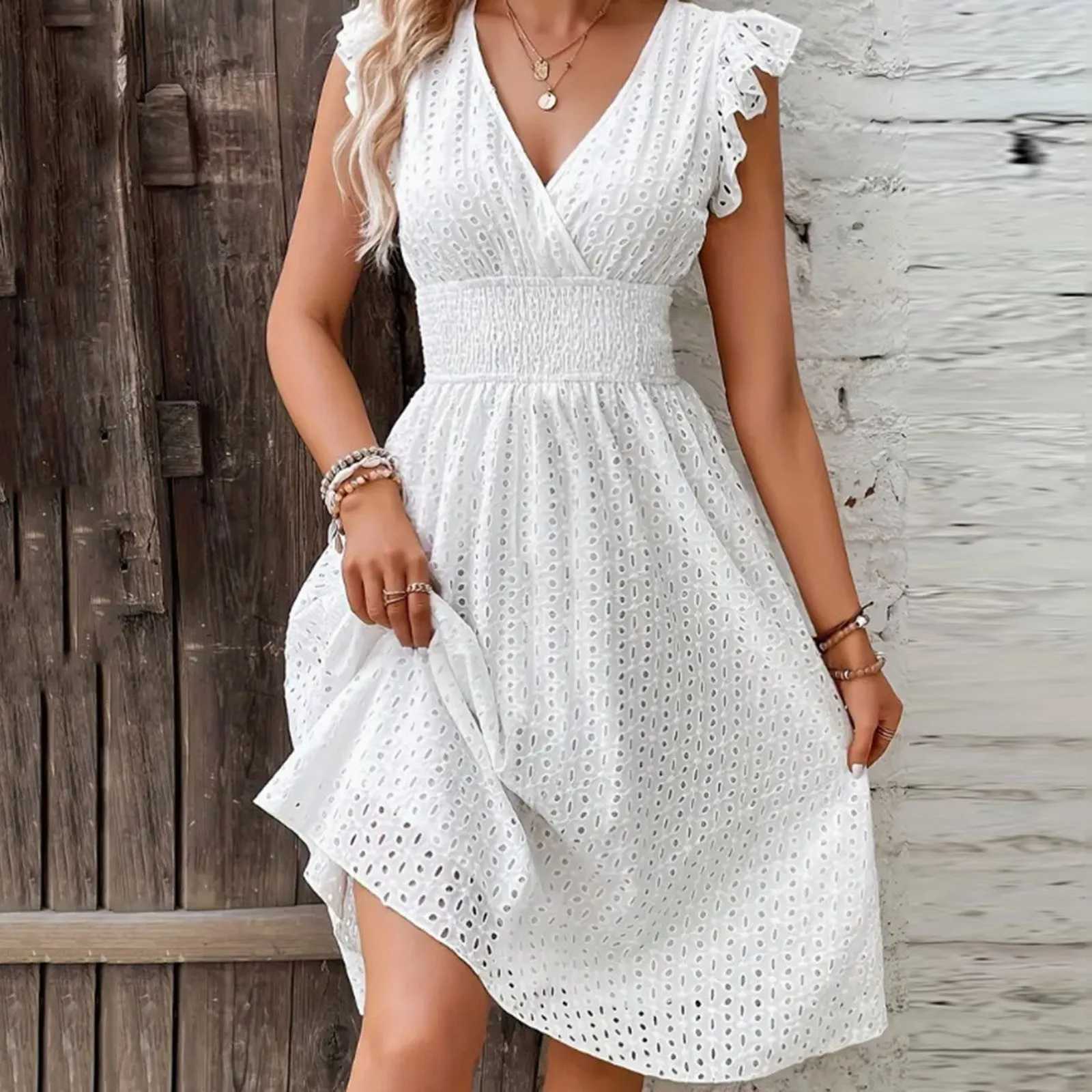Women White V-Neck Beach Dress Solid Summer A-Line Half Sve Shirt Dress Casual Loose Pocket Sundress Holiday Baggy Long RobeXJ2500207