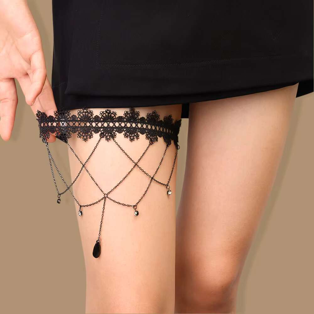 Gothic Boho Elastic Band Black Lace Leg Thigh Chain for Women Bikini Summer Festival Party Body Accessories Jewelry