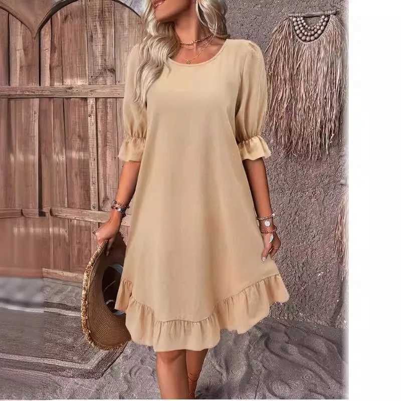 Womens Retro Cotton And Linen Mid Sved Round Neck Solid Color Loose Hem Dress For Summer Y2k Clothes Robe Femme VertidosXJ2500207
