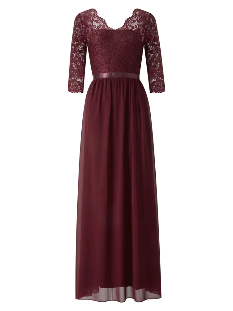 Women's Long Dress Patchwork Lace V-Neck Half Sleeve Pleated Dresses For Party Wedding Evening Elegant