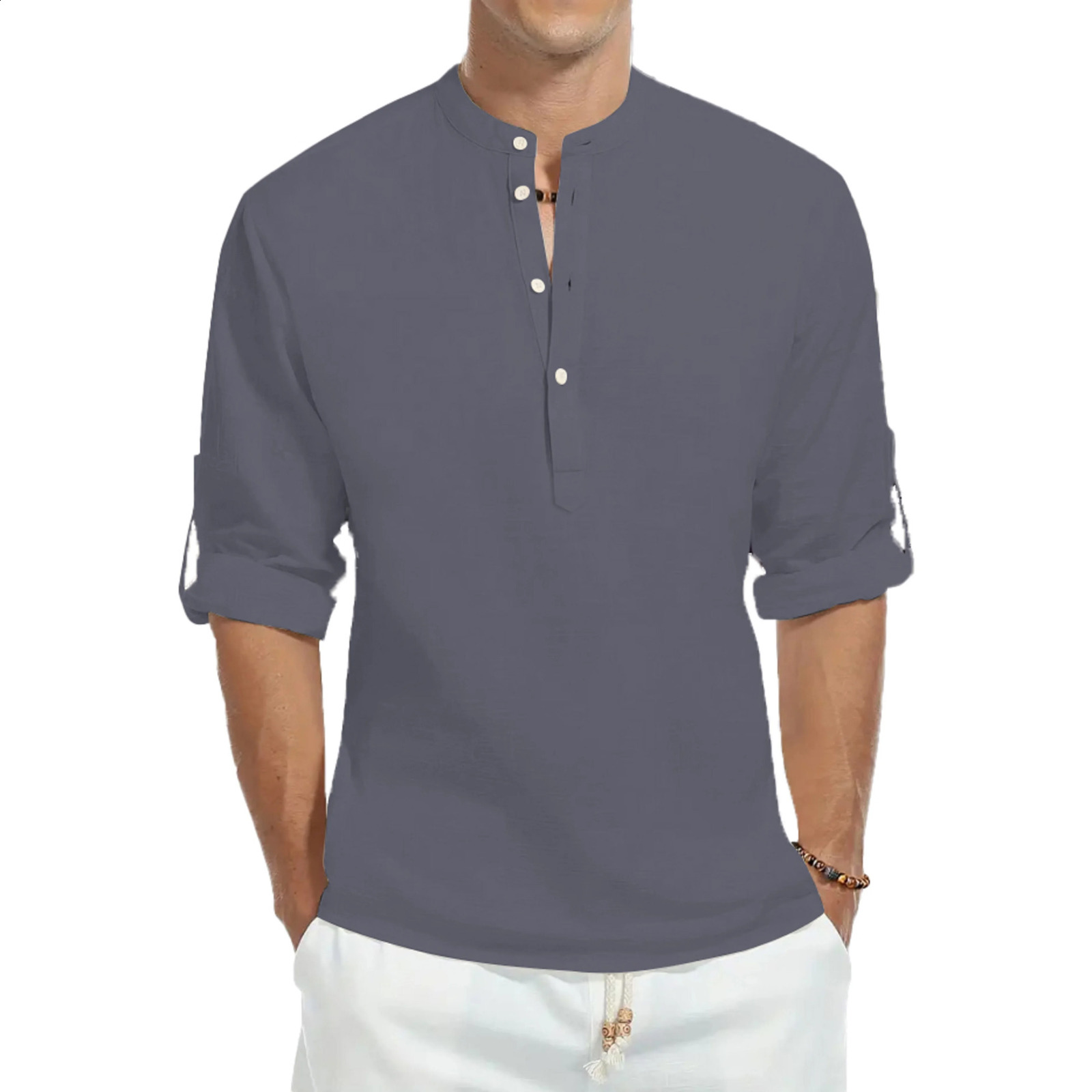 Casual shirts loose cotton mens shirts fashionable stand-up collar solid color long-sleeved T-shirts handsome slim-fit tops 250206