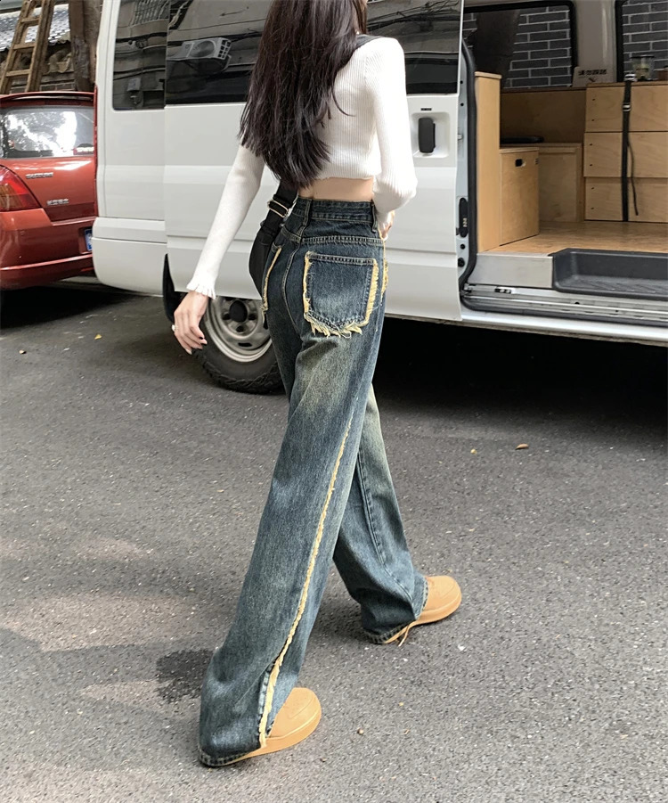 150 Petite girls American vintage furred jeans for women High waisted straight leg wide mop xs with a height of nine points 250206