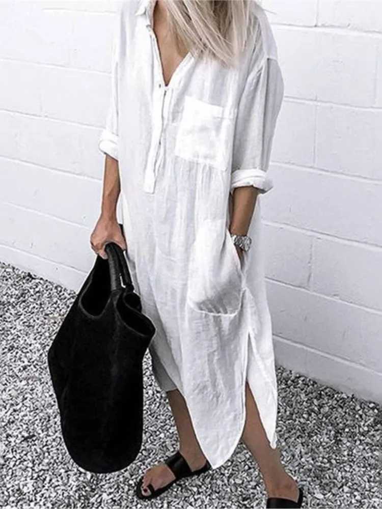 Spring Summer Womens Solid Color Loose Split Shirt Midi Dress Ele Casual Button Pocket V-Neck Long Sve Long Dress 2024XJ2500207