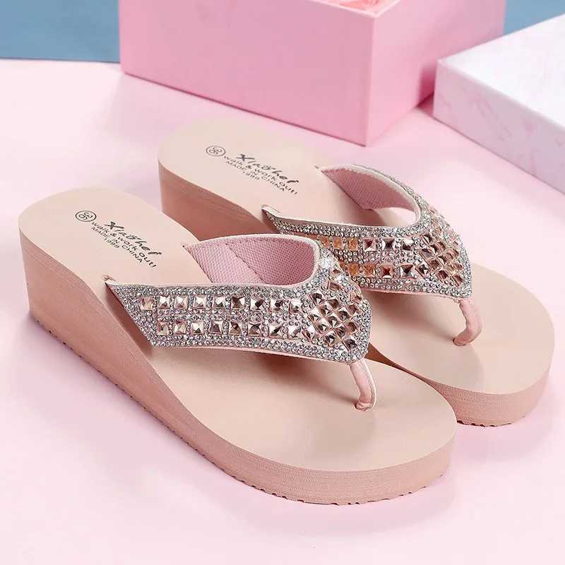 New Rhine Slippers Women 2024 Fi Crystal Slides Platform Shoes Lady Sexy Rainbow Shiny Diamd Chunky Flip-flopsXJ250207