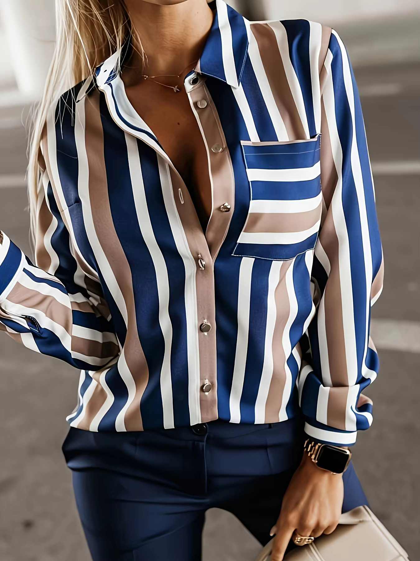 Size Casual Blouse, Women's Plus Stripe Print Long Sleeve Button Up Lapel Collar Shirt Top
