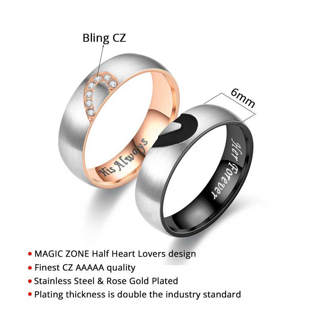 Rose Gold/Black Heart shaped Couple Ring Stainless Steel Couple Love Promise Ring W250207