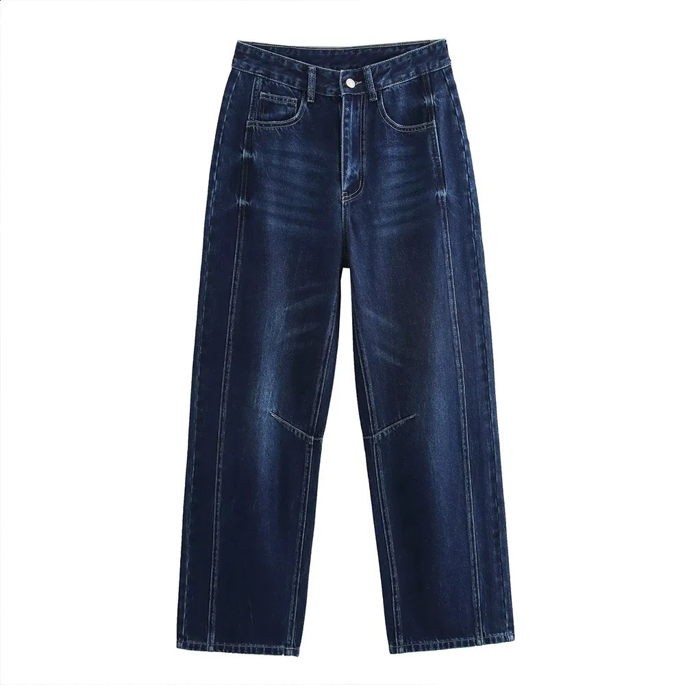 ZATT Autumn Collection Deep Blue Easy Match Mid Waist Appear Slim Women Long Balloon n Loose Denim Pants 250206