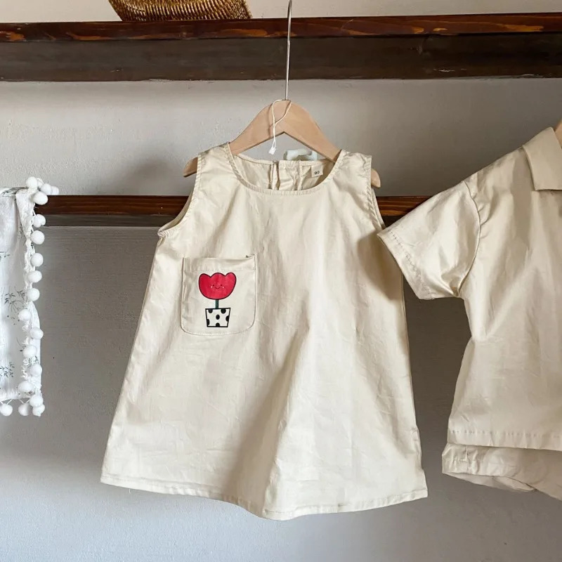 Brother and Sister Clothes Summer Cartoon Printed Boys Short Sleeve Shirt Shorts 2pcs Set Girls Vest Dress 250207